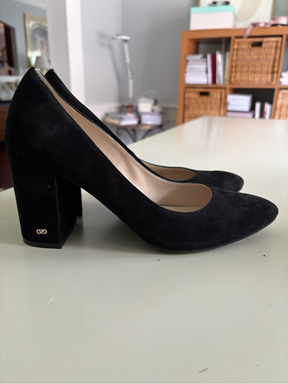 Cole Haan Black Suede Block Heel Pumps with Gold Logo. Size 10